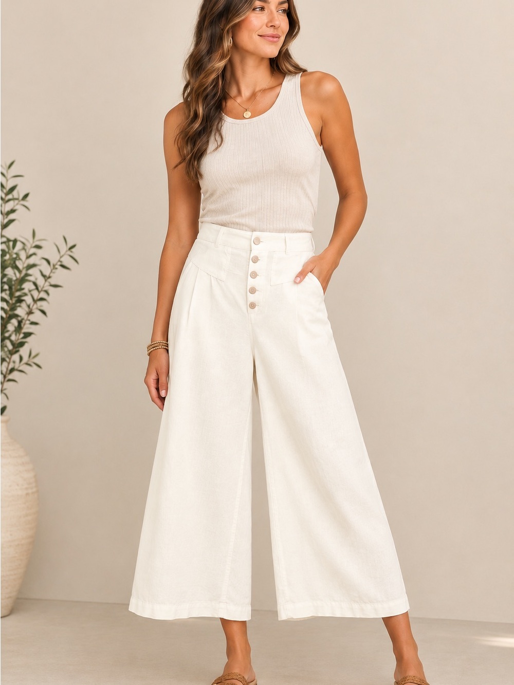 Anthropologie Oceanside Cream High-Rise Wide Leg Crop Pants